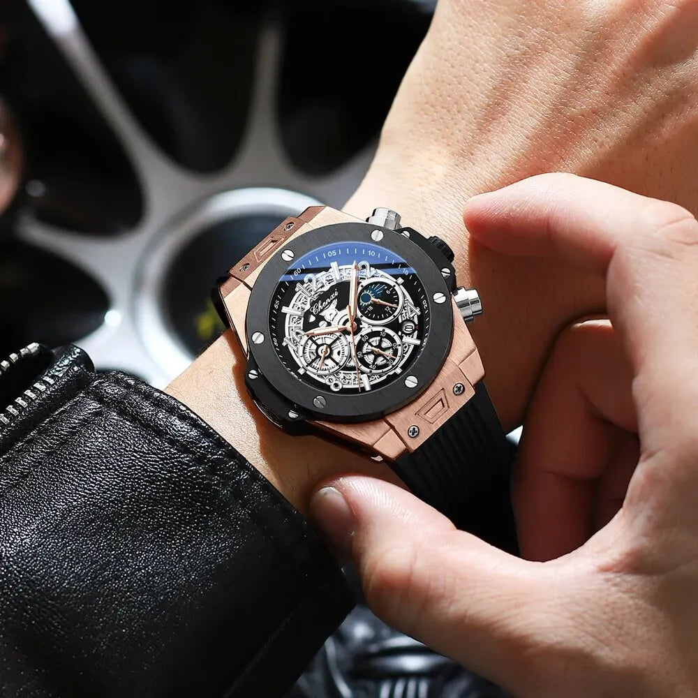 Fashion Silicone Chronograph Watch Men Multifunctional Cool Luminous Quartz Starry Lunar Phases Timing Sport Wristwatches