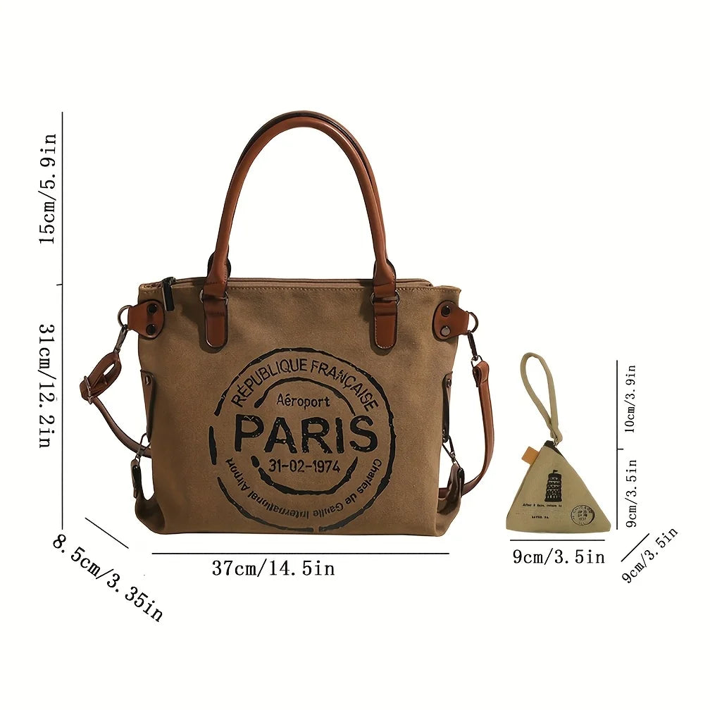 2-piece Set Vintage Street-style Canvas Tote Bag, Coin Purse, Vintage Letter-printed Crossbody Bag. Unisex – Large-capacity
