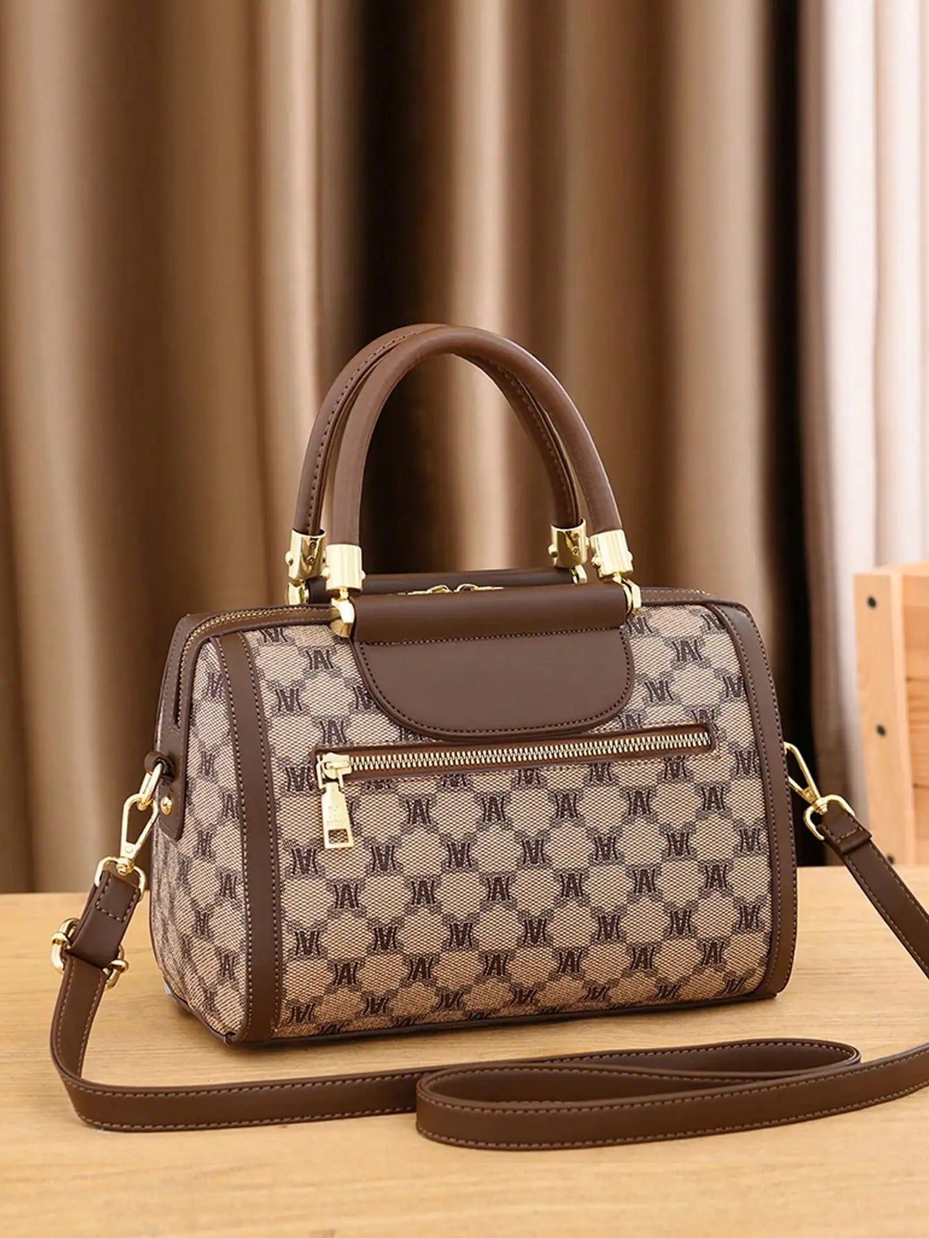 3-Piece Women's Monogram Print Handbag Set with Top Handle and Crossbody Strap