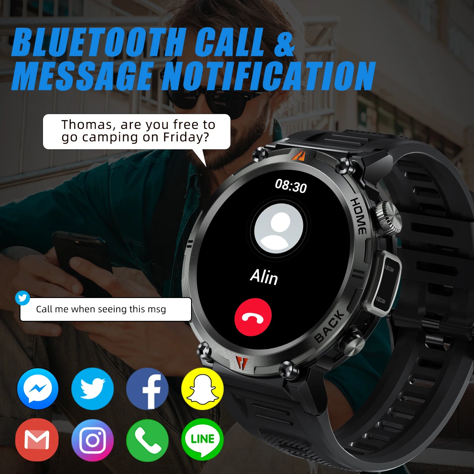 Black Bluetooth Call Smart Watch Men Full Touch Screen Health Monitor With Flashlight