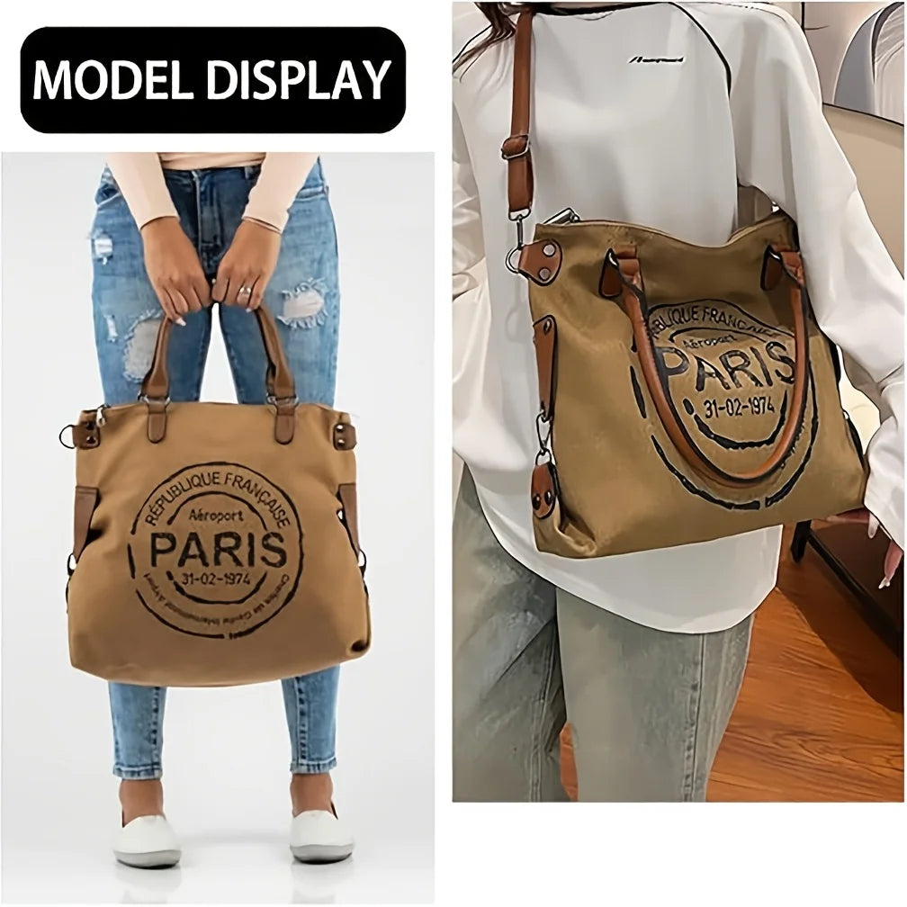 2-piece Set Vintage Street-style Canvas Tote Bag, Coin Purse, Vintage Letter-printed Crossbody Bag. Unisex – Large-capacity