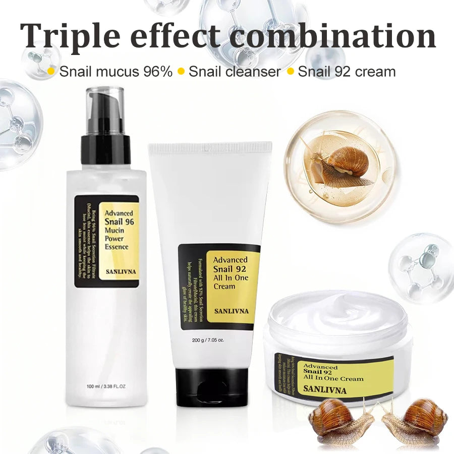 Snail Mucin 96 Essence + Snail 92 Moisturizing Cream + Deep Cleansing Facial Cleanser Whitening Three-piece Skin Care Set Korea
