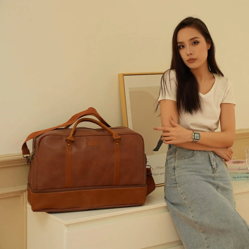 Large Vegan Leather Travel Duffel Bag with Shoe Compartment, Weekender Overnight Carry-On Tote