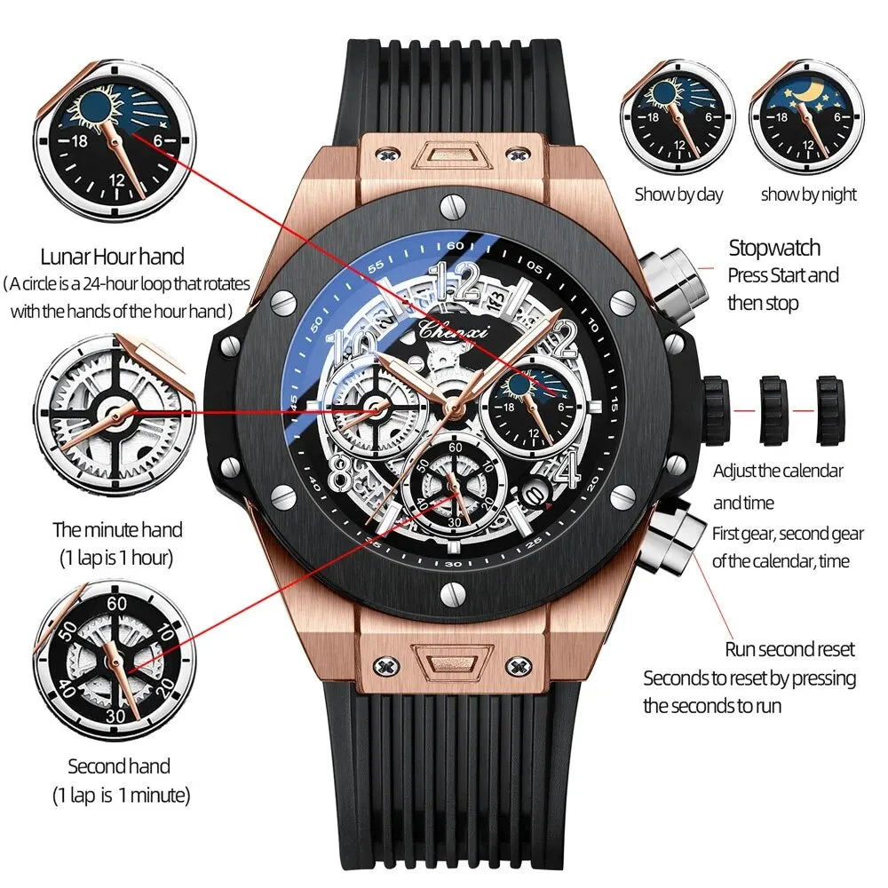 Fashion Silicone Chronograph Watch Men Multifunctional Cool Luminous Quartz Starry Lunar Phases Timing Sport Wristwatches