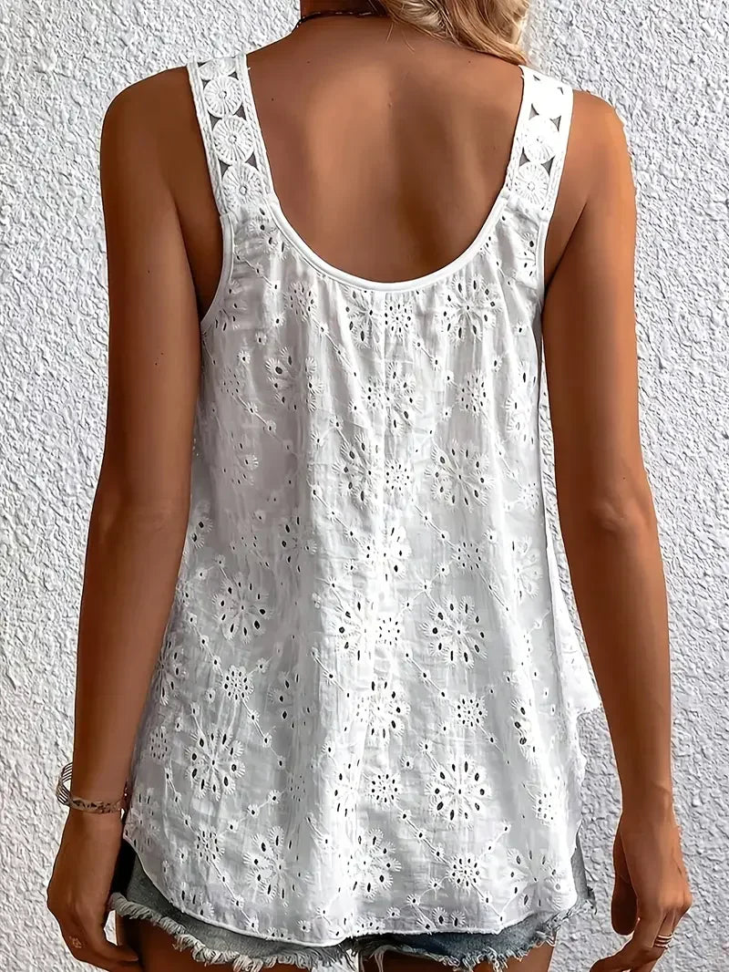 Plus Size 1XL-5XL Women's Fashion Solid Color Sleeveless Tank Tops Ladies Hollow-Out Embroidery Elegant Intricate Tank Top