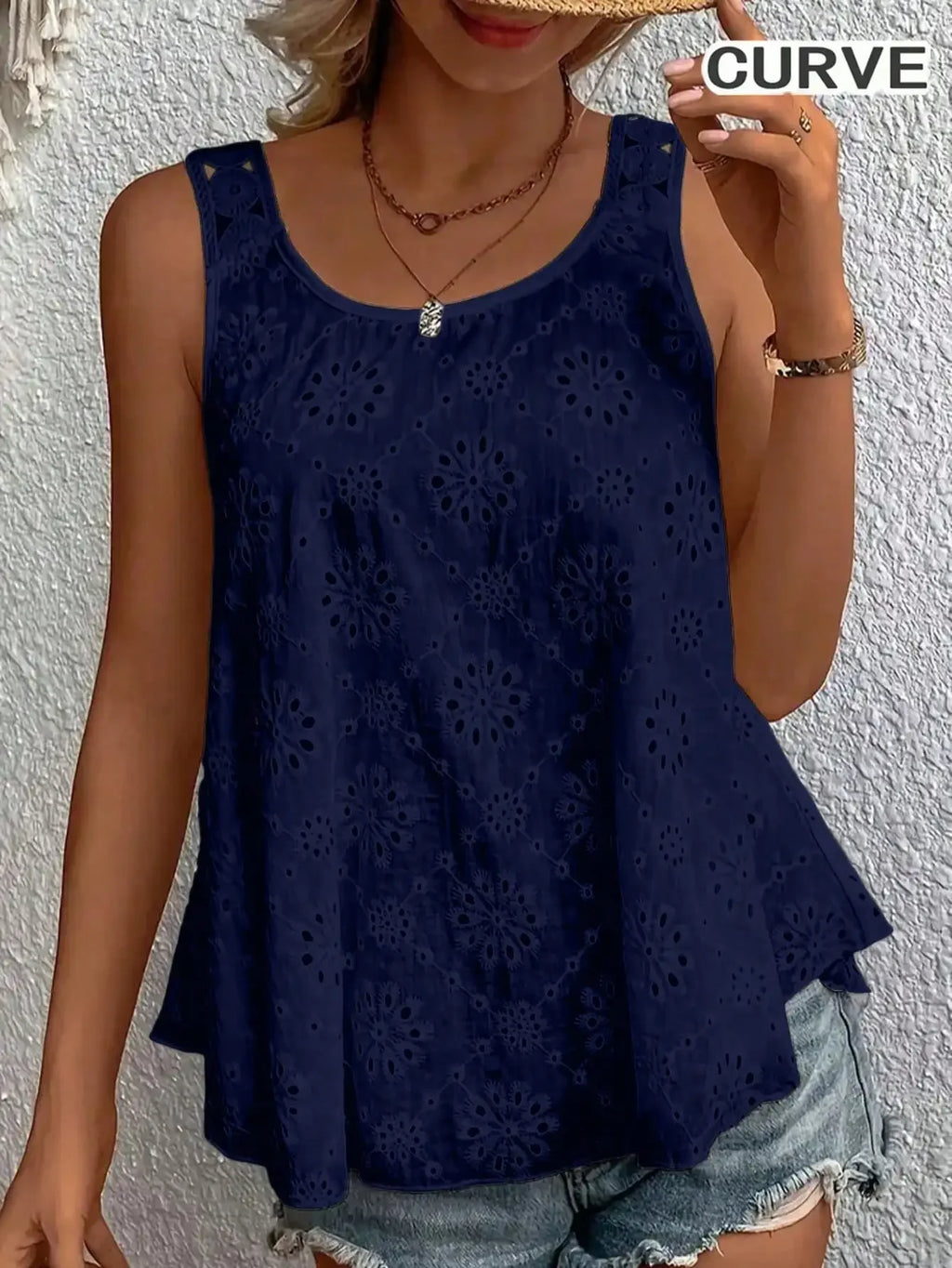 Plus Size 1XL-5XL Women's Fashion Solid Color Sleeveless Tank Tops Ladies Hollow-Out Embroidery Elegant Intricate Tank Top