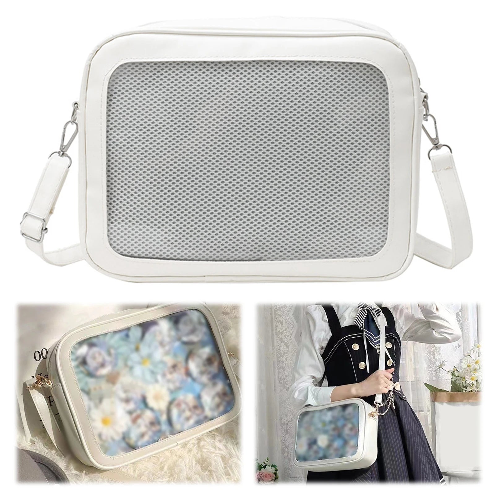 Women Transparent Square Ita Bag W/ Pin Display JK Shoulder Bag Cartoon Handbag