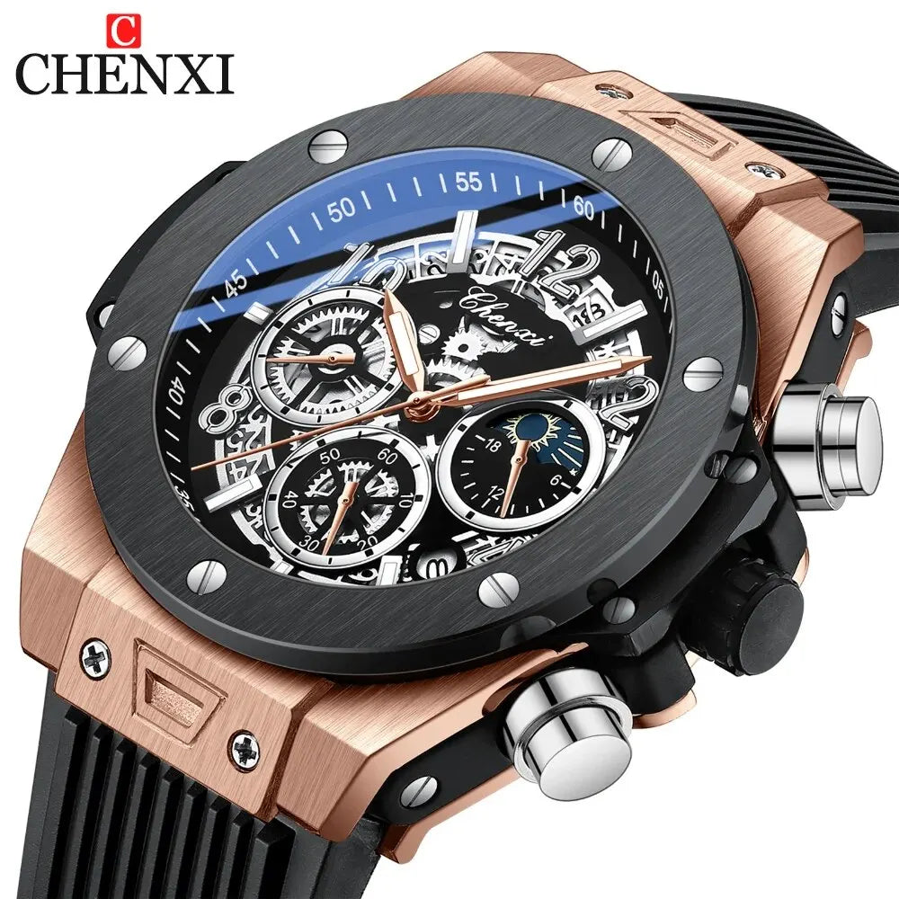 Fashion Silicone Chronograph Watch Men Multifunctional Cool Luminous Quartz Starry Lunar Phases Timing Sport Wristwatches