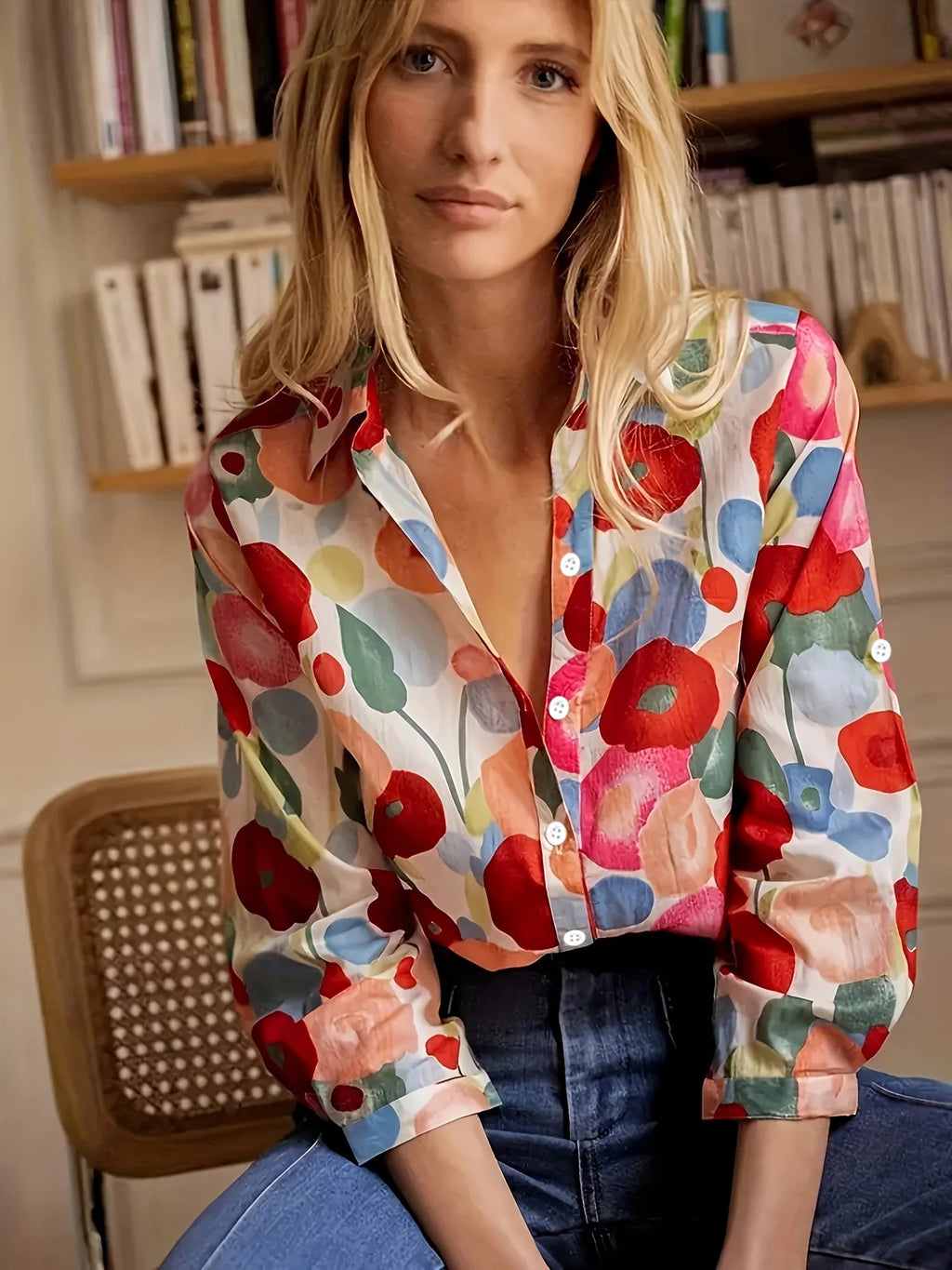 Women's three-quarter-sleeve shirt, tropical style floral print casual and comfortable.