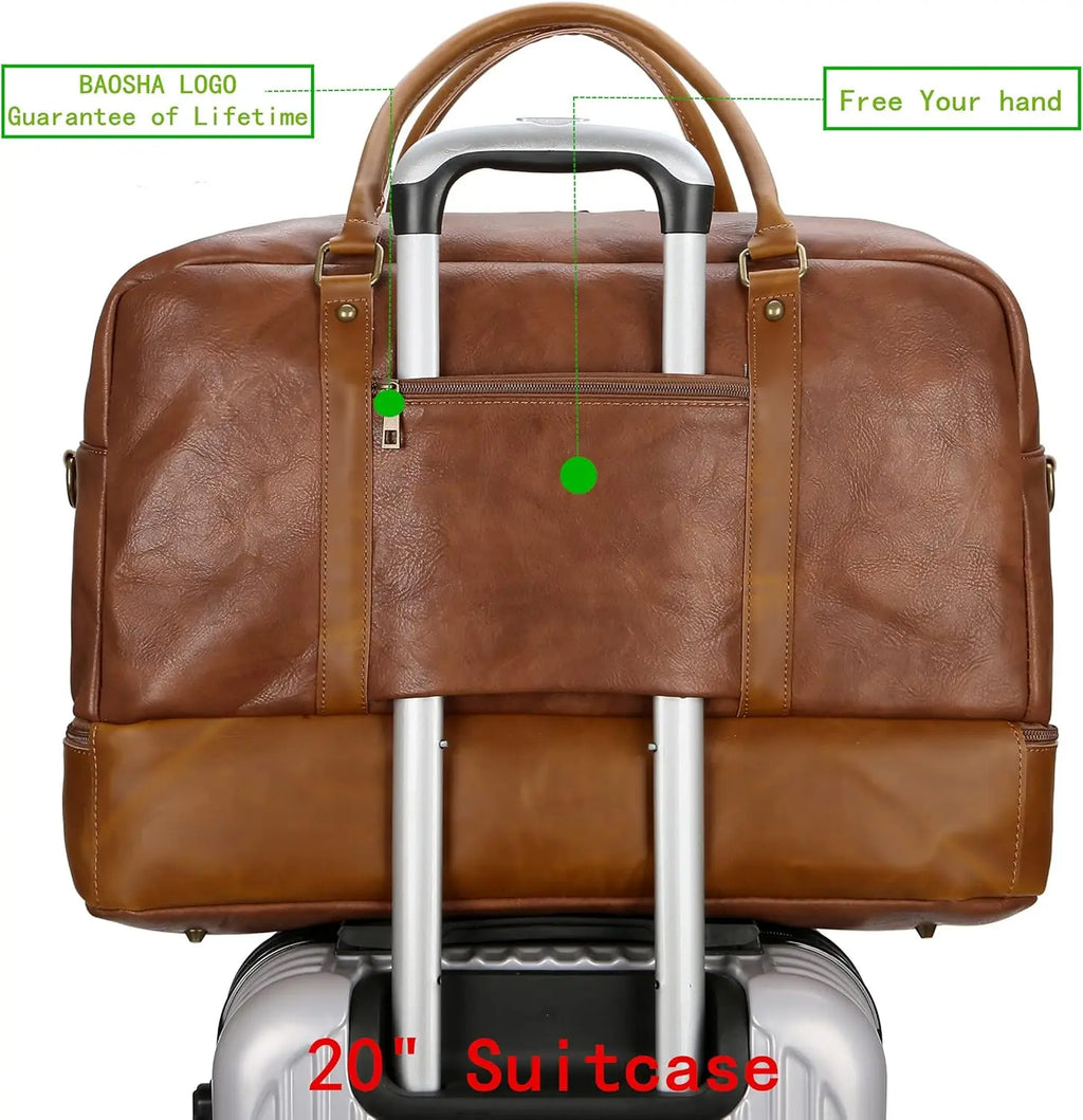 Large Vegan Leather Travel Duffel Bag with Shoe Compartment, Weekender Overnight Carry-On Tote