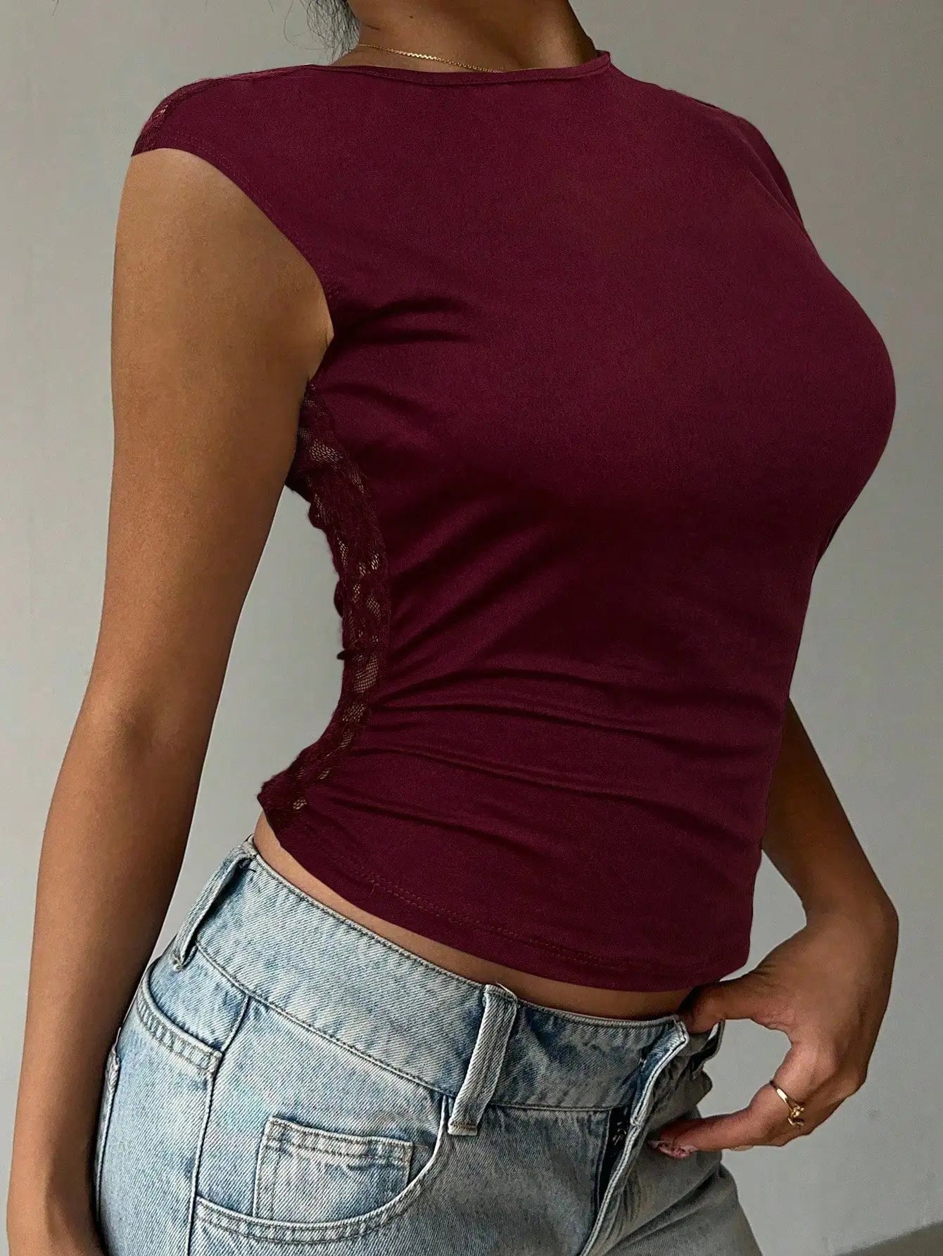 Burgundy Lace Backless Short Sleeve Crop Top for Women