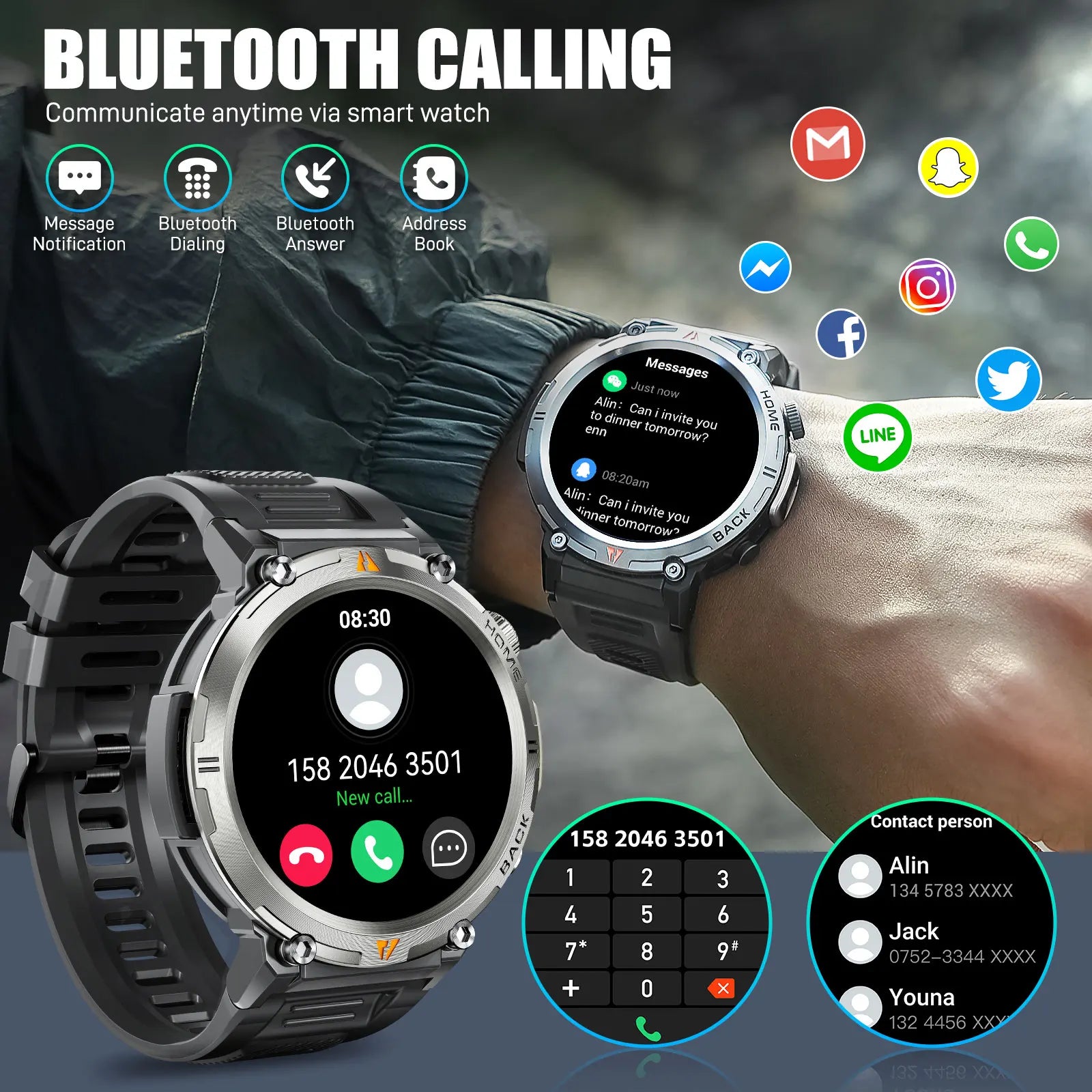 Black Bluetooth Call Smart Watch Men Full Touch Screen Health Monitor With Flashlight