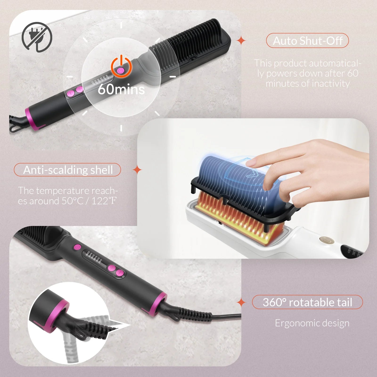 OUDIM Hair Straightener Brush with Six Temperature Settings, Ionic Hair Straightening Brush Flat Iron For Women, Anti-Scald Stra