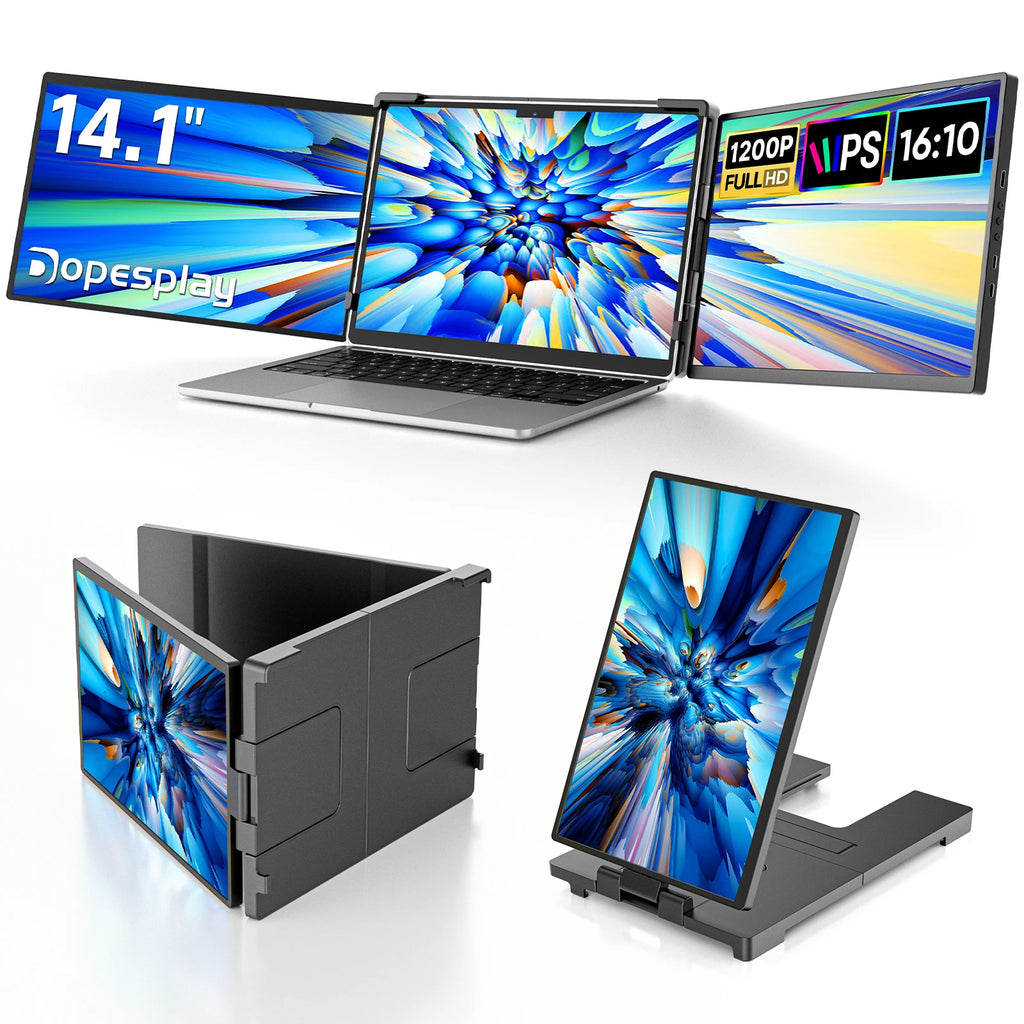 Dopesplay 14.1 inch Triple Dual Screen Extender FHD 1200P IPS Portable Monitor Plug & Play For Laptop Mac PC Travel Up to 17"'