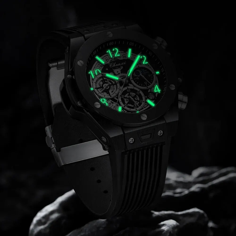 Fashion Silicone Chronograph Watch Men Multifunctional Cool Luminous Quartz Starry Lunar Phases Timing Sport Wristwatches