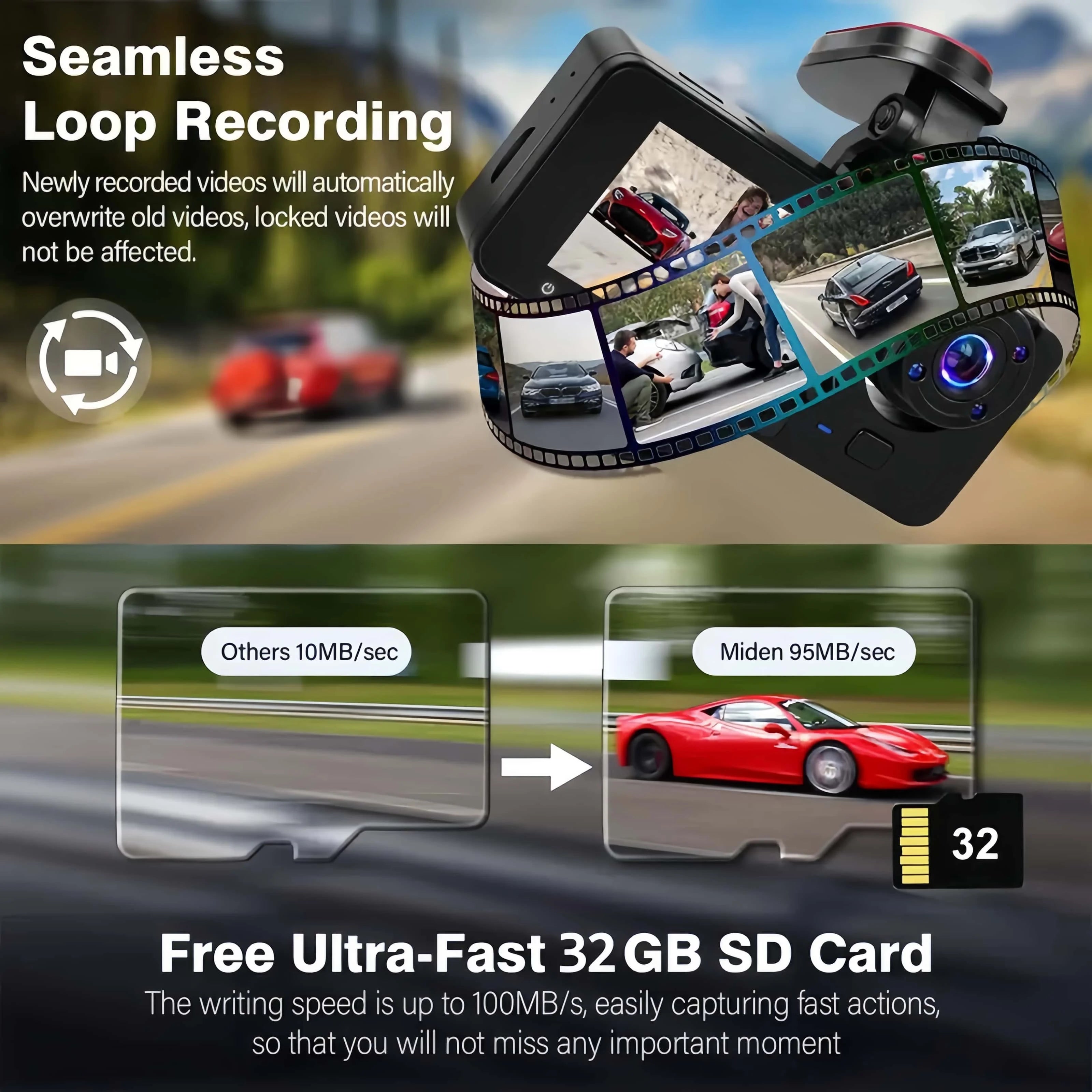 3 Channel 4K Dashcam 4K+1080P Front and Rear Dash Camera IR Night Vision 24 Hours Parking Mode Support 128GB Max