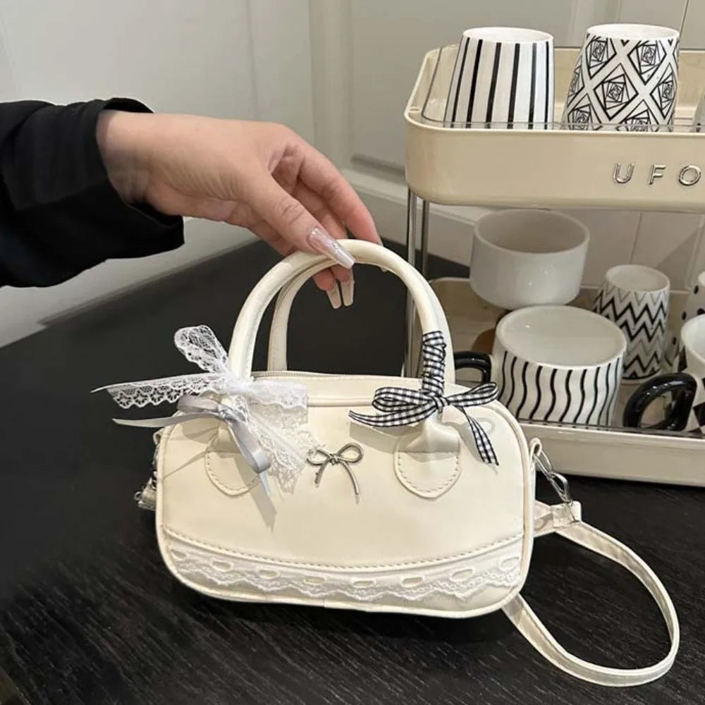 Zipper PU Leather Boston Handbag Lace Ribbon Bow Crossbody Bowling Bag Korean Style Waterproof Small Square Bag Travel