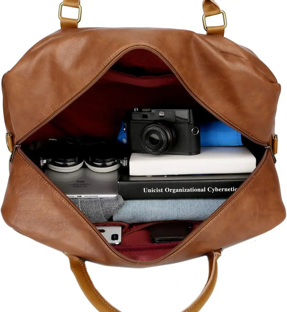 Large Vegan Leather Travel Duffel Bag with Shoe Compartment, Weekender Overnight Carry-On Tote
