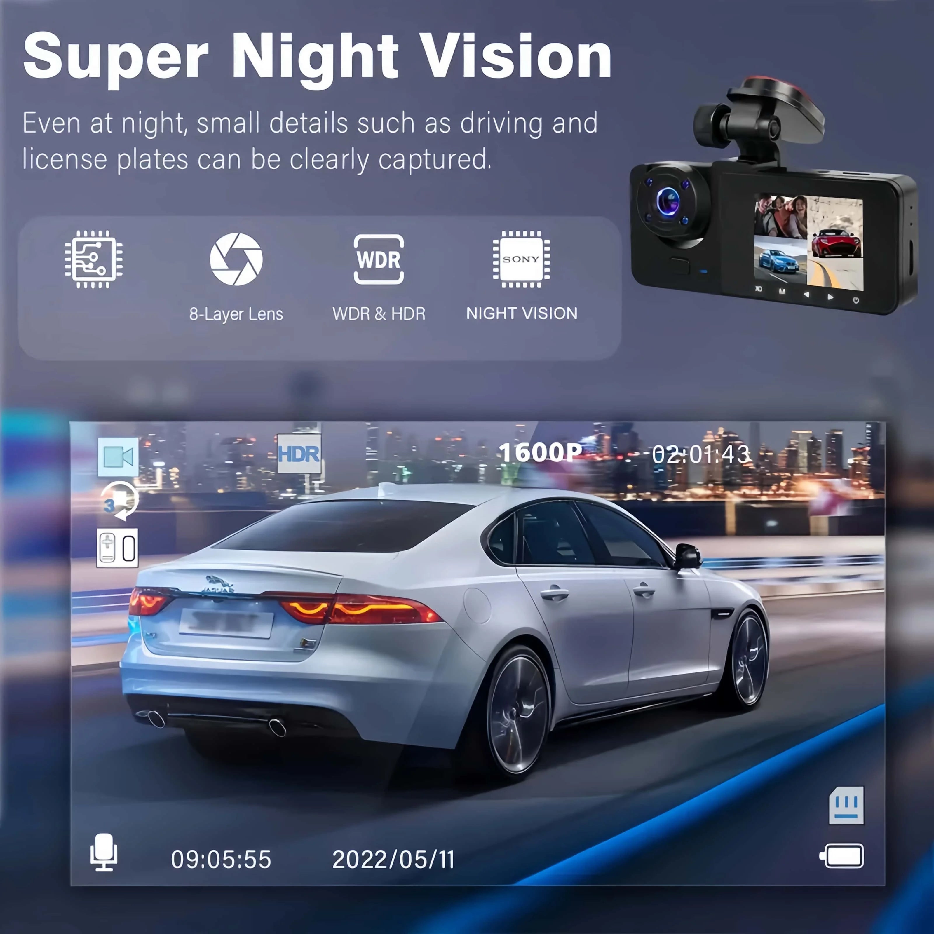 3 Channel 4K Dashcam 4K+1080P Front and Rear Dash Camera IR Night Vision 24 Hours Parking Mode Support 128GB Max