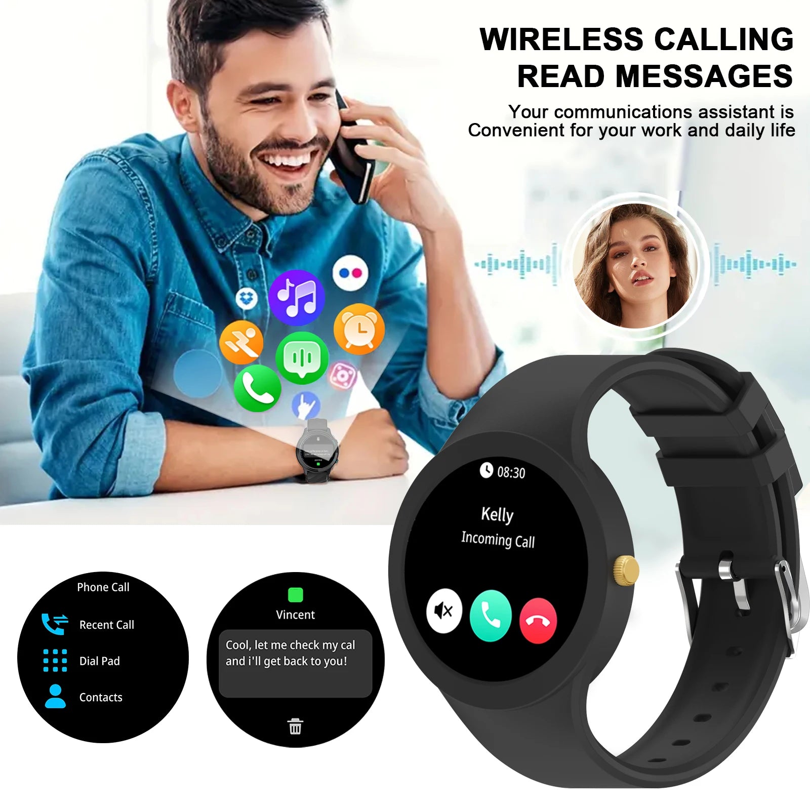 Smart Watch, Fashionable Wireless Calls, Call Notification and Rejection Pedometers, Text Message Reminder