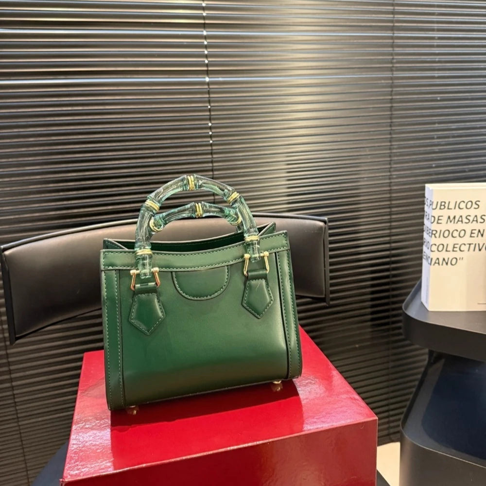Green Bamboo Handle Handbag for Women Vintage Designer Shoulder Bag with Gold Hardware Elegant Top Handle Purse for Party