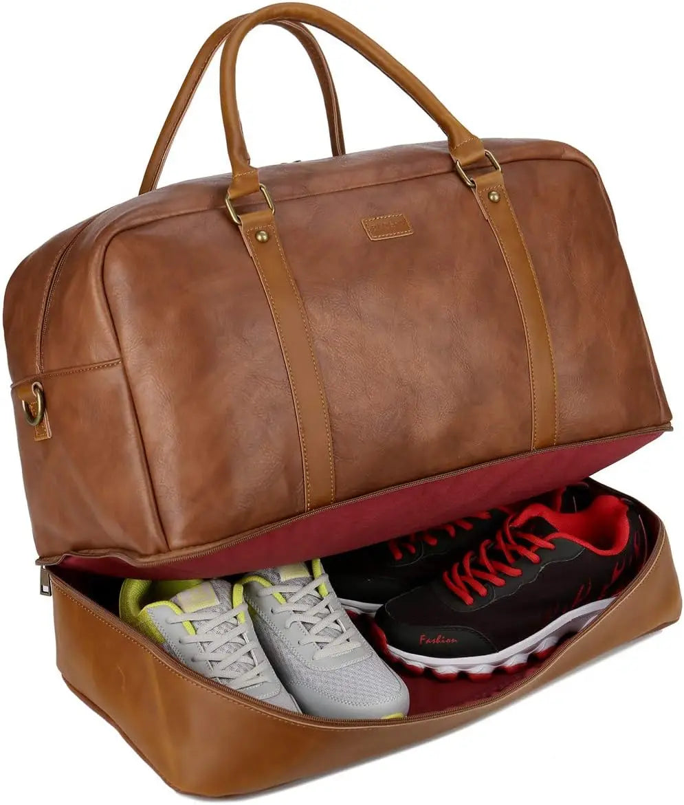 Large Vegan Leather Travel Duffel Bag with Shoe Compartment, Weekender Overnight Carry-On Tote