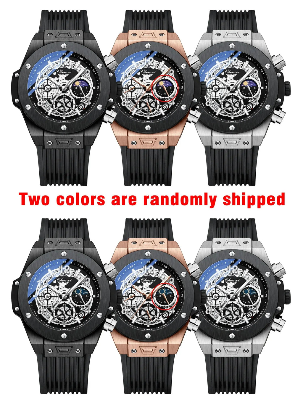 Fashion Silicone Chronograph Watch Men Multifunctional Cool Luminous Quartz Starry Lunar Phases Timing Sport Wristwatches