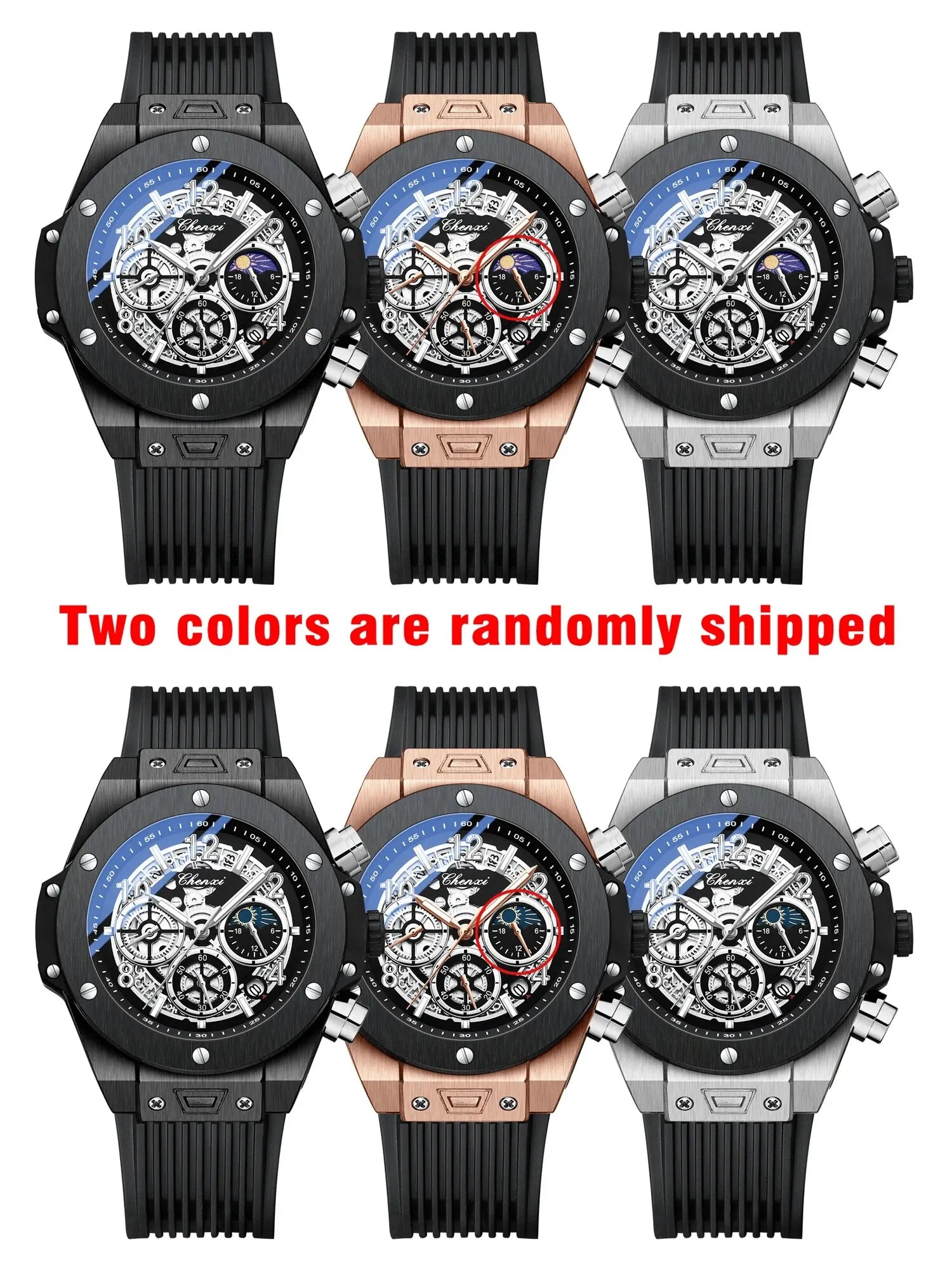 Fashion Silicone Chronograph Watch Men Multifunctional Cool Luminous Quartz Starry Lunar Phases Timing Sport Wristwatches