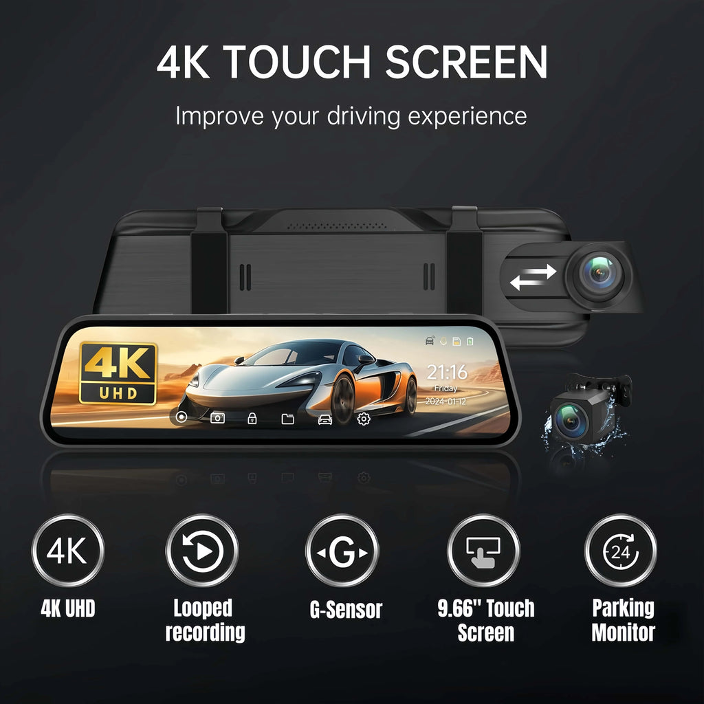 9.66" UHD 4K 2160P Car Dvr Mirror Dash Cam Dual Lens Dashcam IPS Screen Camera Drive Recorder Stream RearView Mirror 32G Card
