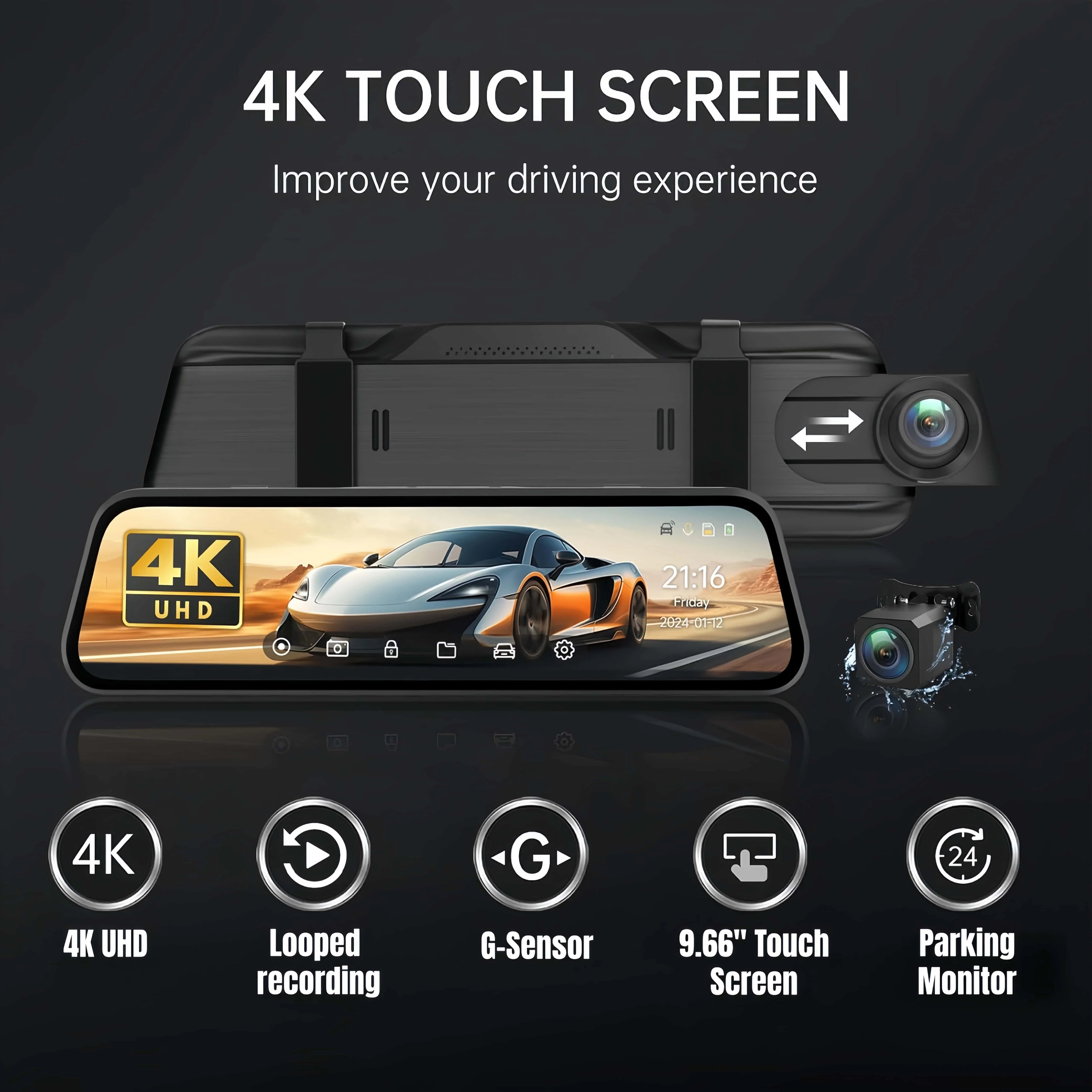 9.66" UHD 4K 2160P Car Dvr Mirror Dash Cam Dual Lens Dashcam IPS Screen Camera Drive Recorder Stream RearView Mirror 32G Card
