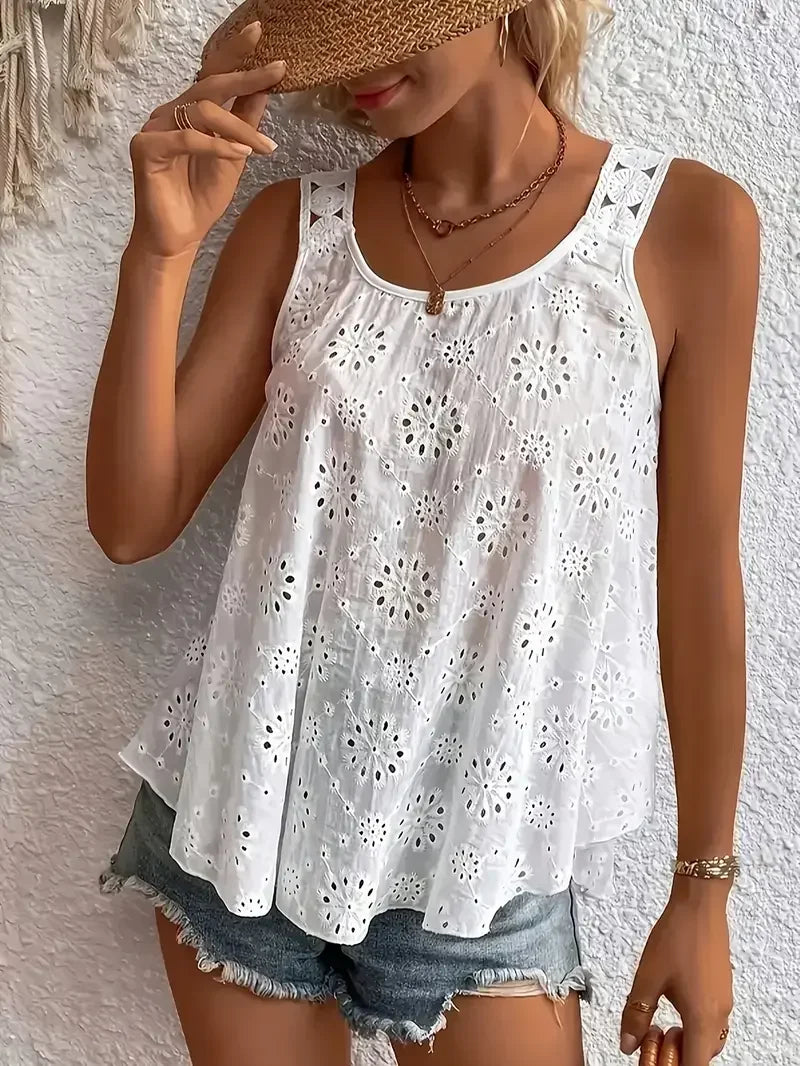 Plus Size 1XL-5XL Women's Fashion Solid Color Sleeveless Tank Tops Ladies Hollow-Out Embroidery Elegant Intricate Tank Top