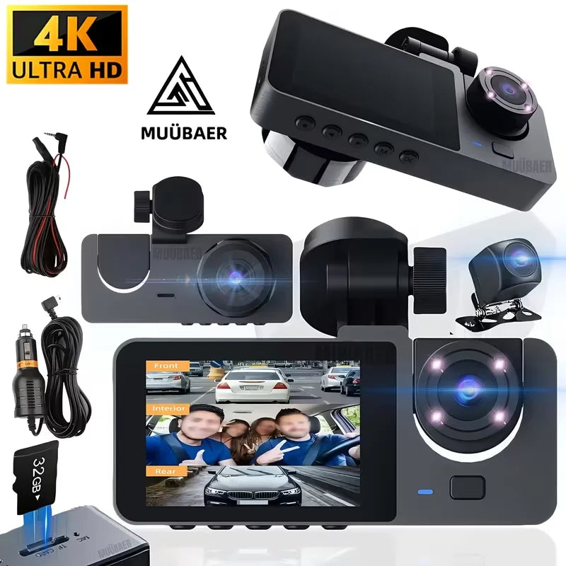 3 Channel 4K Dashcam 4K+1080P Front and Rear Dash Camera IR Night Vision 24 Hours Parking Mode Support 128GB Max