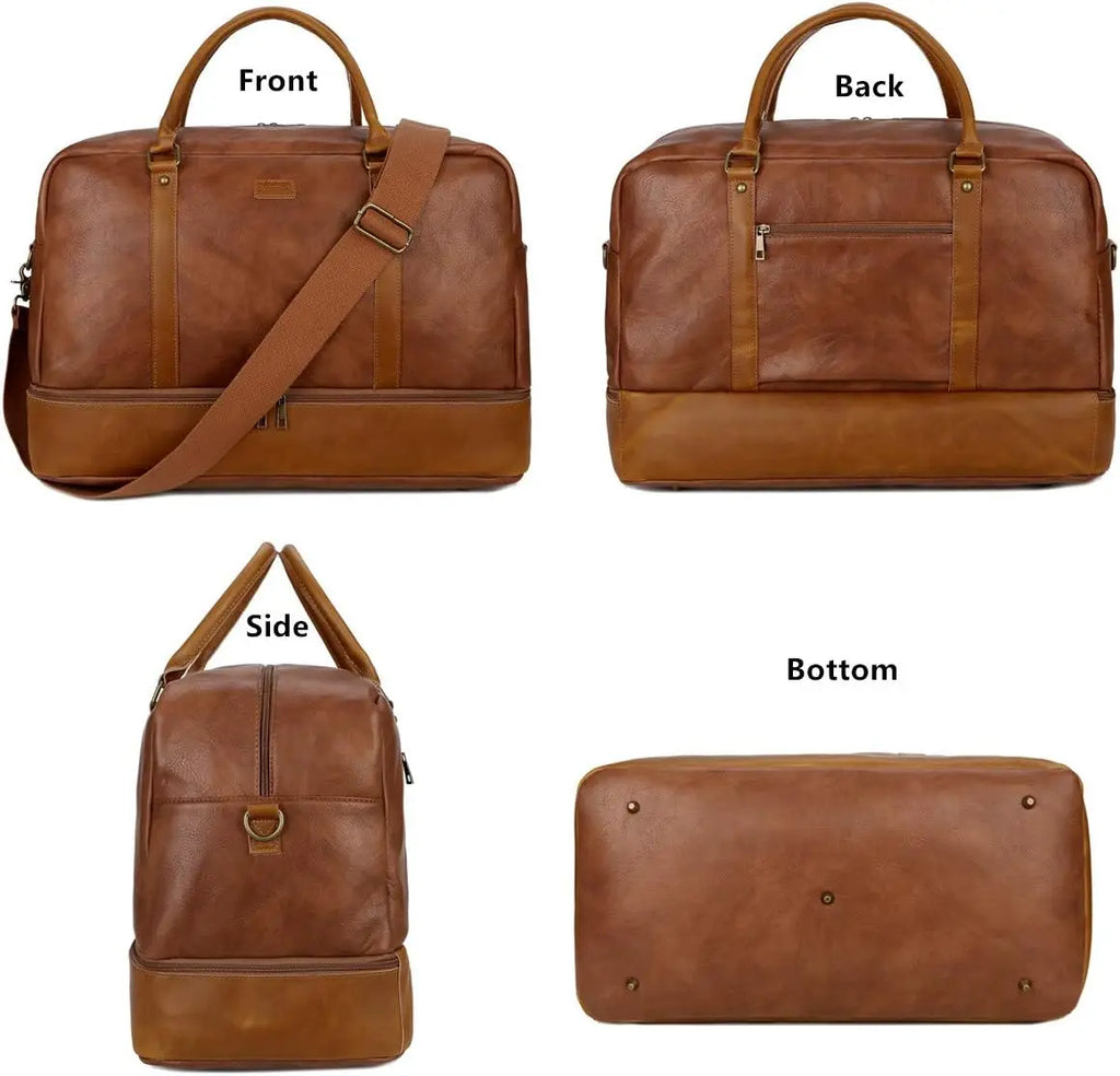 Large Vegan Leather Travel Duffel Bag with Shoe Compartment, Weekender Overnight Carry-On Tote