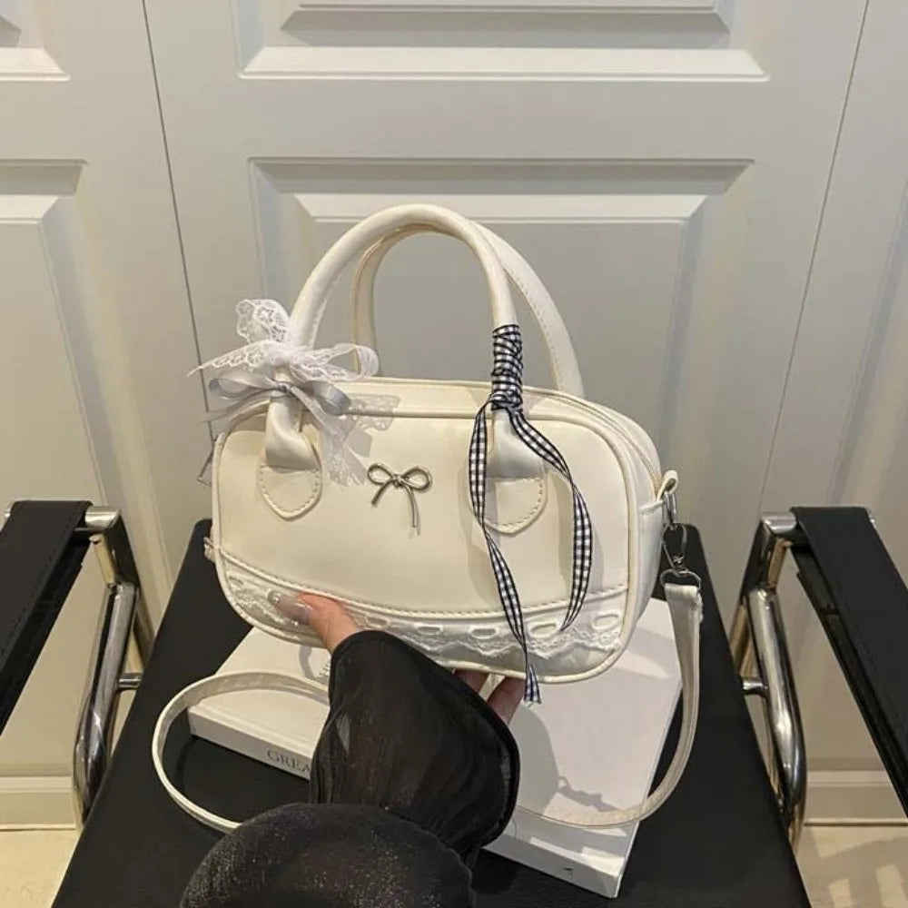 Zipper PU Leather Boston Handbag Lace Ribbon Bow Crossbody Bowling Bag Korean Style Waterproof Small Square Bag Travel