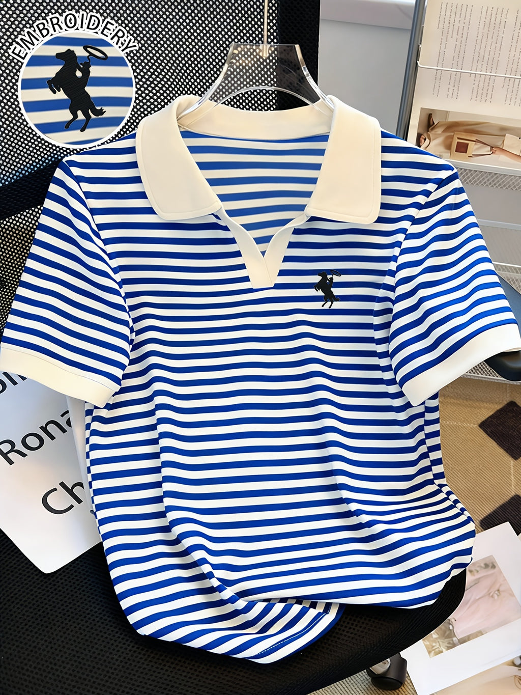 [Stylish Knight Stripe] Stylish Knight Stripe Women's T-Shirt | Embroidered Neck Short Sleeve | Contrast Color Versatile Casual Summer Top, Machine Washable All-Season Comfort Fit