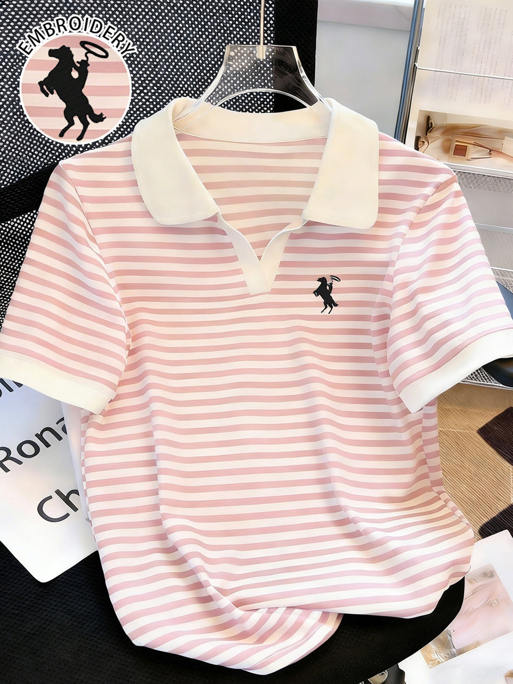 [Stylish Knight Stripe] Stylish Knight Stripe Women's T-Shirt | Embroidered Neck Short Sleeve | Contrast Color Versatile Casual Summer Top, Machine Washable All-Season Comfort Fit