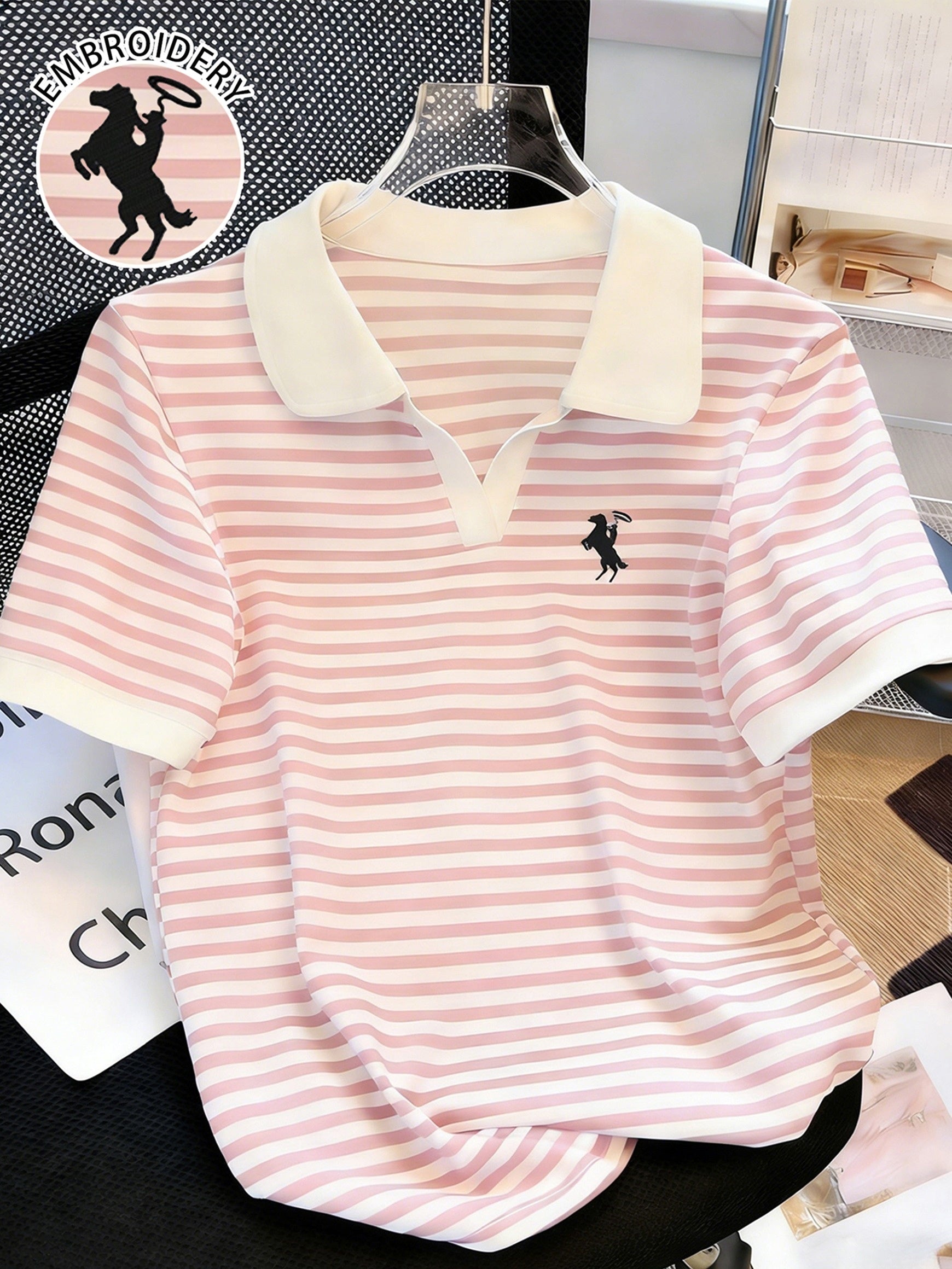 [Stylish Knight Stripe] Stylish Knight Stripe Women's T-Shirt | Embroidered Neck Short Sleeve | Contrast Color Versatile Casual Summer Top, Machine Washable All-Season Comfort Fit