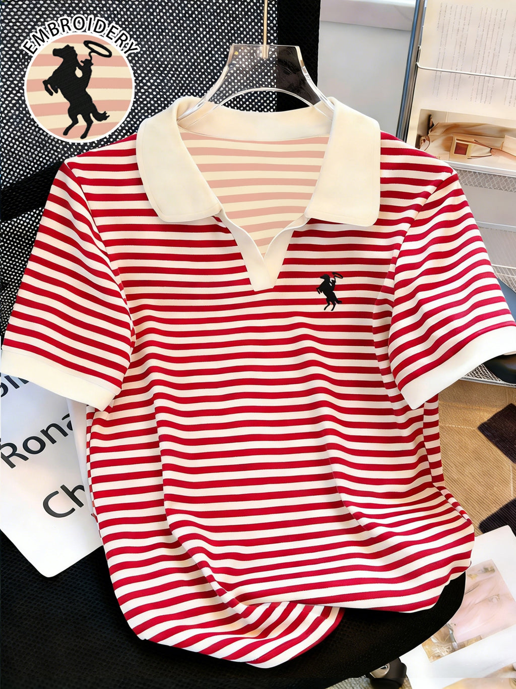 [Stylish Knight Stripe] Stylish Knight Stripe Women's T-Shirt | Embroidered Neck Short Sleeve | Contrast Color Versatile Casual Summer Top, Machine Washable All-Season Comfort Fit