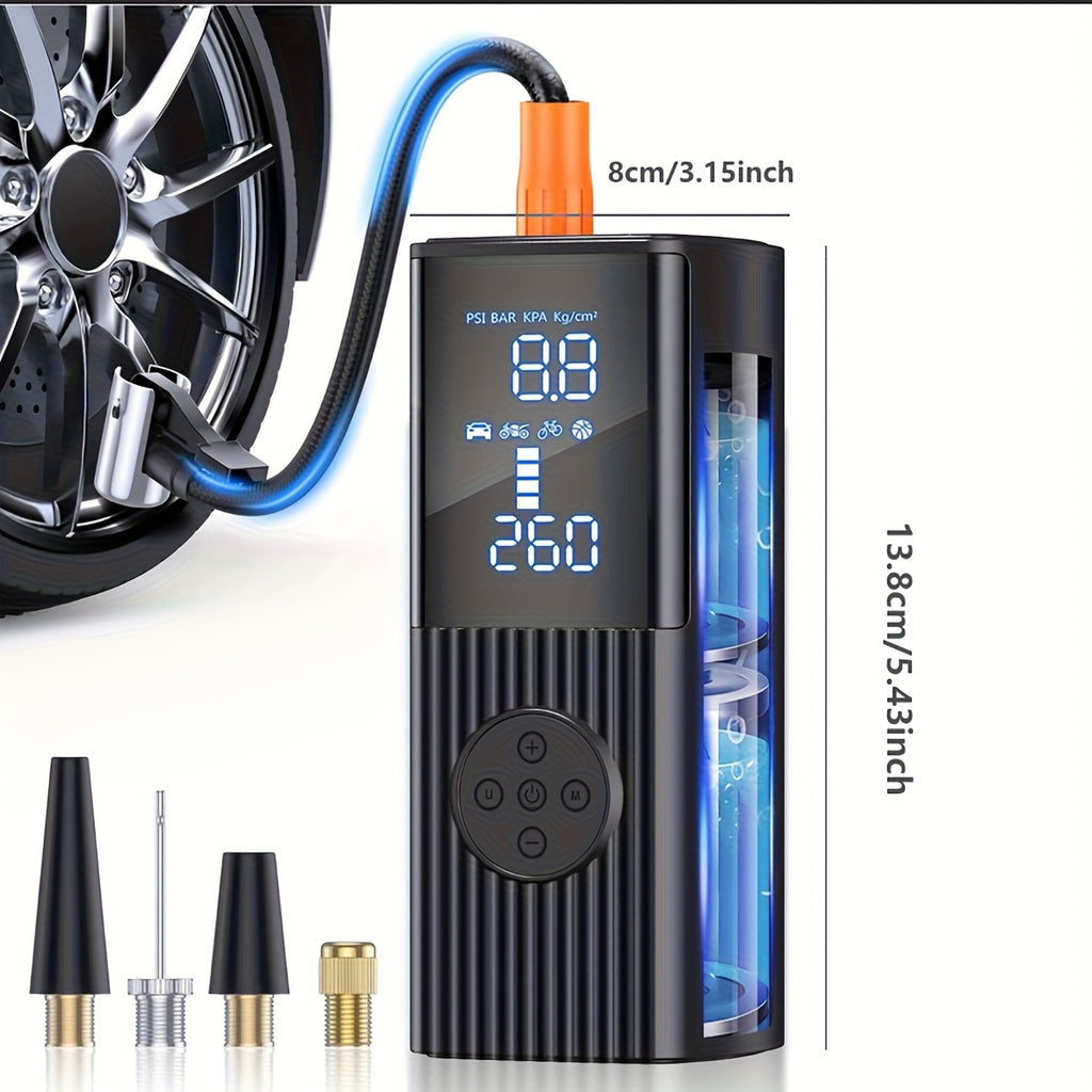 Portable Tire Inflator with Digital Pressure Gauge | 180 PSI, Rechargeable Battery, LED Light, Cordless, Suitable for Cars, Motorcycles, Bicycles, and Balls